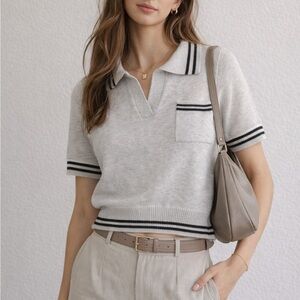 Cider Gray V-Neck Sweater with Black Stripes